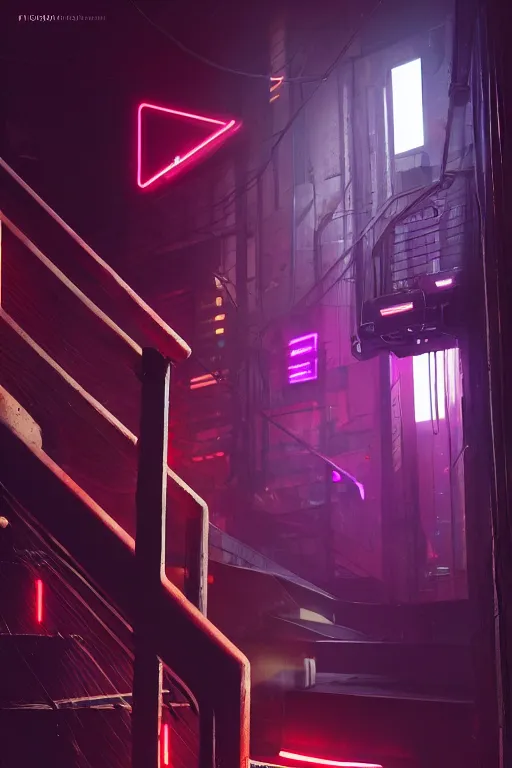 Prompt: a basement staircase, neon lights, cyberpunk style, digital painting, concept art, smooth, sharp focus, hyperrealistic, illustration, artstation trending, octane render, unreal engine, ambient light, dynamic lighting, magical, dark vibes, Cyberpunk 2077