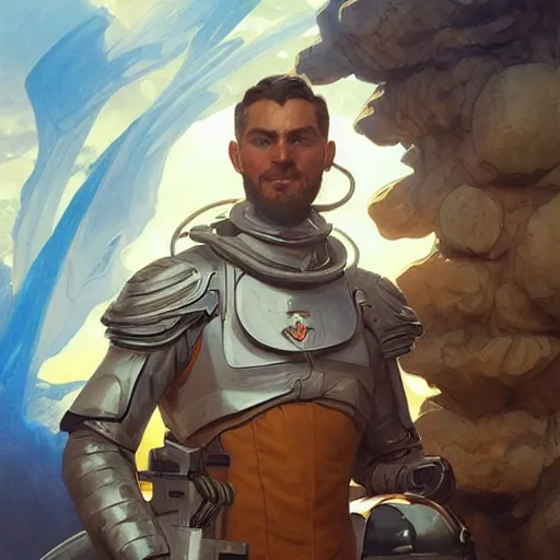 Prompt: portrait of a male space explorer and his crew, D&D, fantasy, elegant, muscular, highly detailed, digital painting, artstation, concept art, smooth, sharp focus, illustration, art by artgerm and greg rutkowski and alphonse mucha