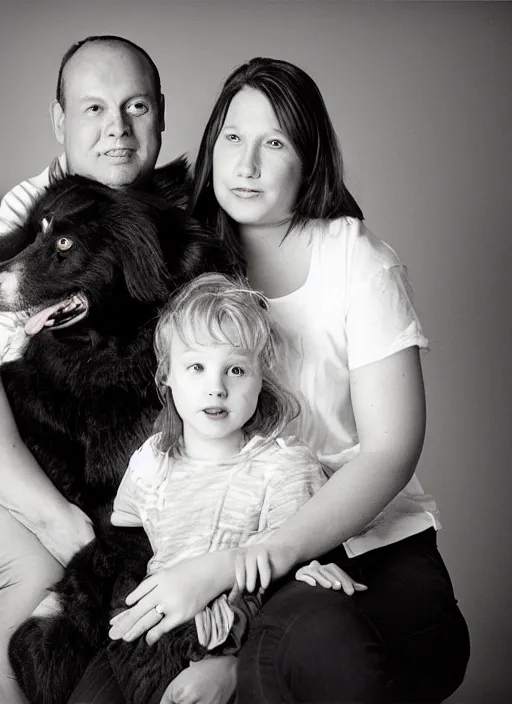 Image similar to a family portrait of a husband, wife, and their black dog. 9 0 s, studio lighting, mamiya, bulb flash