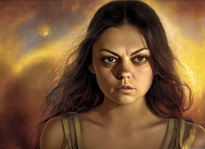 Image similar to big-eyed surprised Mila Kunis staring intensely into the camera, sundown golden hour firefly wisps, Lilia Alvarado, Sophie Anderson, Mark Arian, Bob Byerley, Charlie Bowater, Mark Brooks, Steve Henderson, Justin Gerard, Arthur Hughes, Edward Robert Hughes, Mark Keathley, Victor Nizovtsev, Carlos Shwabe, Ross Tran, WLOP