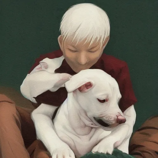 Image similar to painting of tired white pitbull puppy curled up on a japanese man's lap, highly detailed, cozy aesthetic, anime key visual, fukaya yuichiro