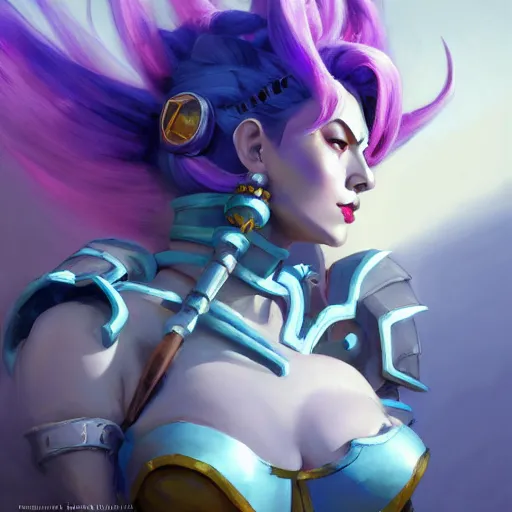 Image similar to greg manchess portrait painting of partially armored blue haired jinx from league of legends as overwatch character, medium shot, asymmetrical, profile picture, organic painting, sunny day, matte painting, bold shapes, hard edges, street art, trending on artstation, by huang guangjian, gil elvgren, ruan jia, greg rutkowski, gaston bussiere