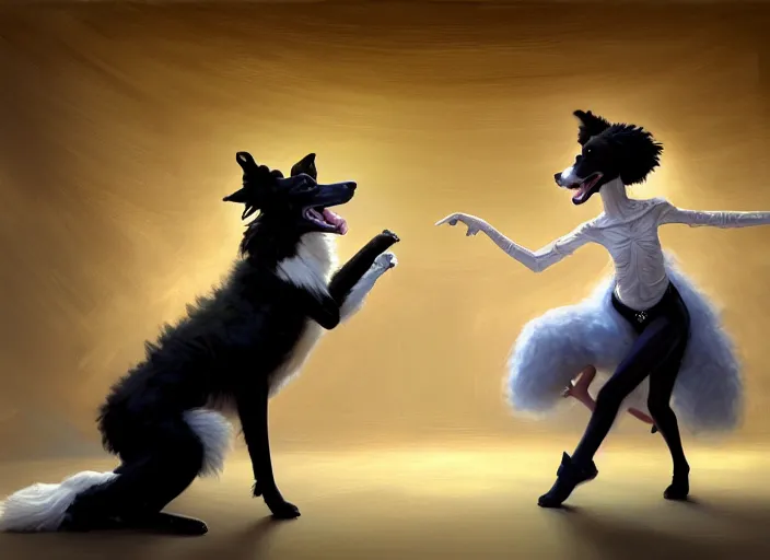 Image similar to wide shot painting of a male anthropomorphic border collie fursona dancing with a cute female anthropomorphic sheep fursona in a ballroom, beautiful, intricate, elegant, realistic proportions, highly detailed, scenic background, trending on artstation, art by charlie bowater and henry asencio and and ross tran