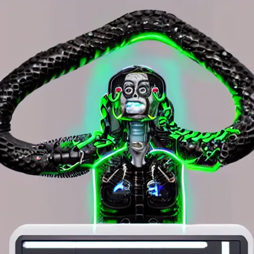 Image similar to the torso of fully a mechanical terminator lady with borg implants, human face and robotic snakes coming out of her head is hanging from cables and wires off the ceiling of an futuristic computer lab and plugged into a quantum computer. Her bottom half is missing with cables hanging out. She is taking a sip from a cup of coffee. Tiny green led lights in her cybernetics. very detailed 8k. Cyberpunk horror style.