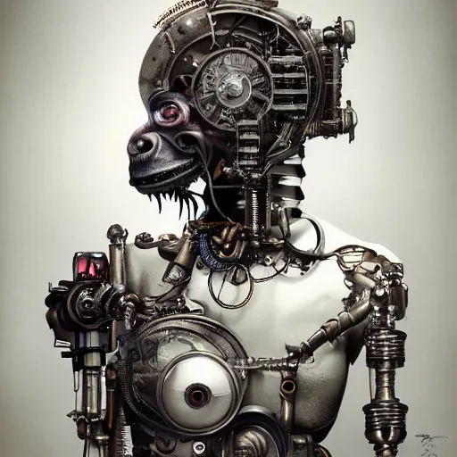 Image similar to a beautiful intricate fine art portrait photo of a a mechanical industrial steampunk cybernetic gorilla, by tom bagshaw and zach sutton, perfection!, milk bath photography, studio lighting, 35mm lens, very detailed, bionic, cybernetic scifi, deep depth of field, artstation, 8K, highly coherent