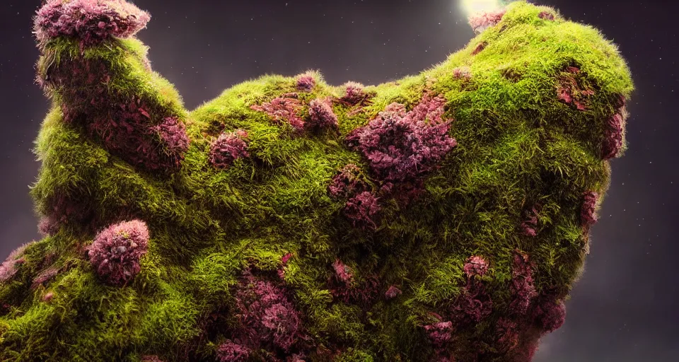 Image similar to a beautiful macro photography of moss with alien fungus, hyperdetailed, warm volumetric lights, made by gerald brom and mike winkelmann