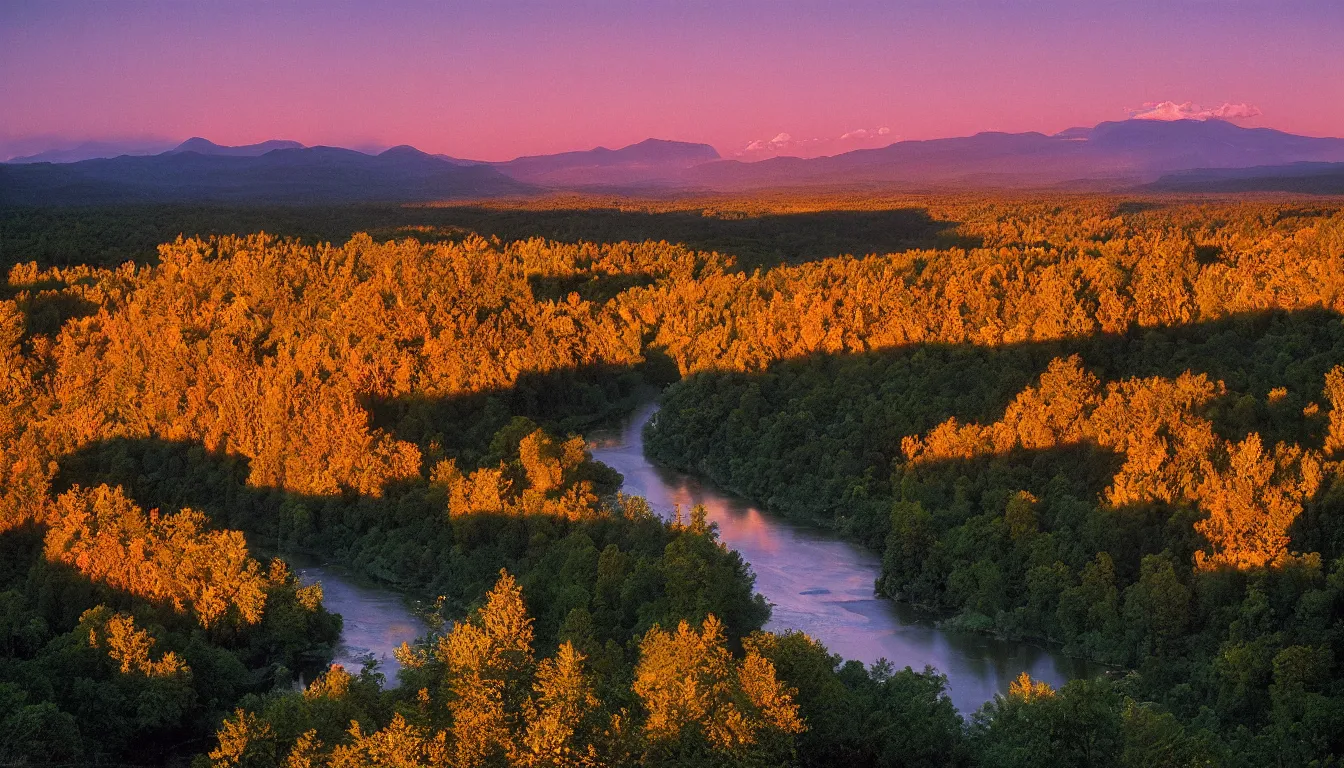 Prompt: a river valley at sunset, photograph with lighting by frederic edwin church, golden hour, nature, 2 4 mm lens, fujifilm, fuji velvia, flickr, 5 0 0 px, award winning photograph, highly detailed, beautiful capture, rule of thirds, crepuscular rays