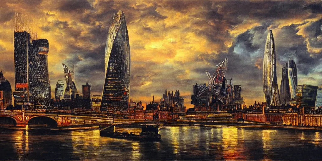 Image similar to oil painting of the london skyline, highly detailed, dramatic lighting, intense shadows, rich deep colours, by salvador dali