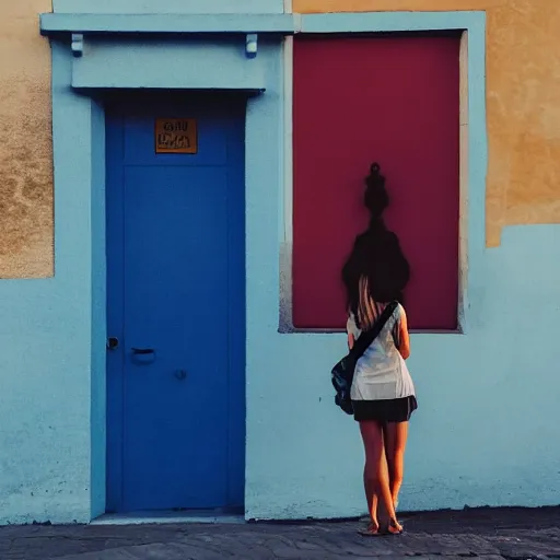 Image similar to a woman on the street, facing a blue portal that leads to a beach at sunset
