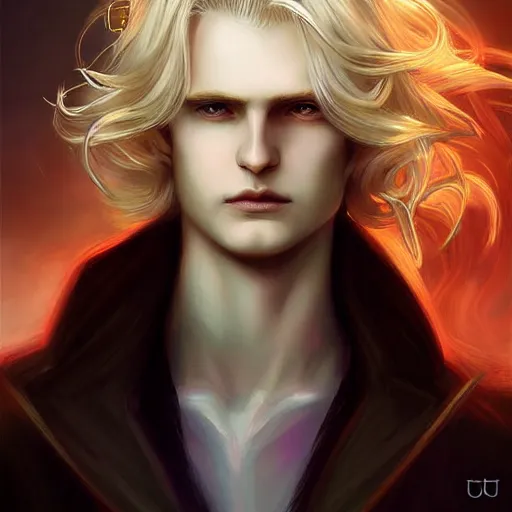 Image similar to digital art of a pale menacing Angel of Battle with long blond curls of hair and piercing eyes, johan liebert mixed with Dante, central composition, he commands the fiery power of resonance and wrath, very very long blond curly hair with bangs!!!, baroque curls, by Ross Tran Rossdraws and WLOP, Artstation, CGsociety