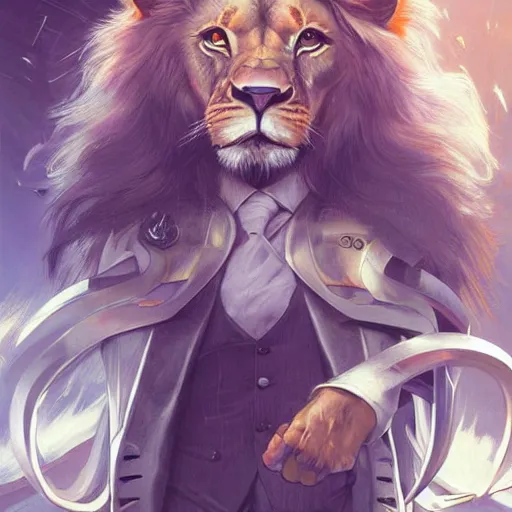 Image similar to lion in a business suit, artists portrait, futuristic, fantasy, highly detailed, digital painting, concept art, sharp focus, depth of field blur, illustration, art by artgerm and greg rutkowski and alphonse mucha