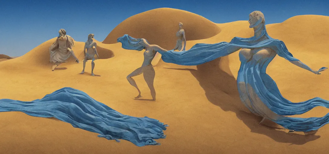 Image similar to a golden salt flat surrounded by dunes with a ruined statue of a woman emerging from the blue sand, illustrated, epic composistion, surreal flat colors, concept art