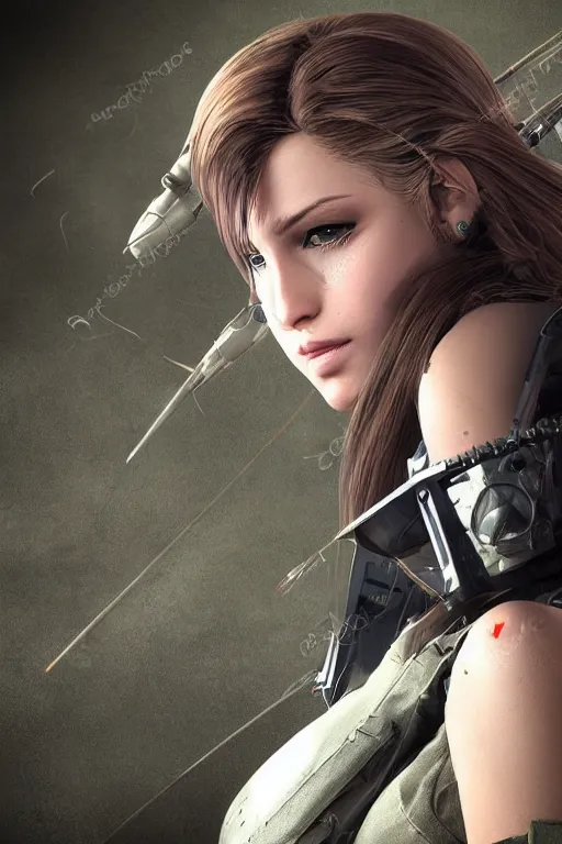Prompt: portrait photo of beautiful young female, clothed in military armor, long hair blowing in the wind, from metal gear. Future war zone behind her. by Anita Sadowska