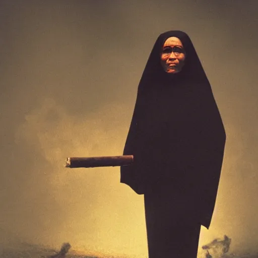 Image similar to a black nun smoking a joint and puffing lots of smoke, by Beksinski, lens flares, minimalistic background