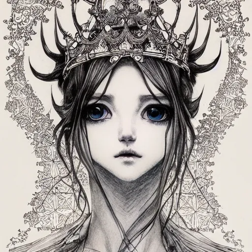 Prompt: prompt: Fragile looking vessel portrait soft light drawn by Vania Zouravliov, inspired by Fables, ancient crown, magical and alchemical weapons, soft light, white background, intricate detail, intricate ink painting detail, sharp high detail, manga and anime 2000