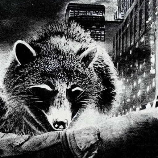 Prompt: 1 9 8 0's vintage kaiju movie, a giant massive huge raccoon destroying a city