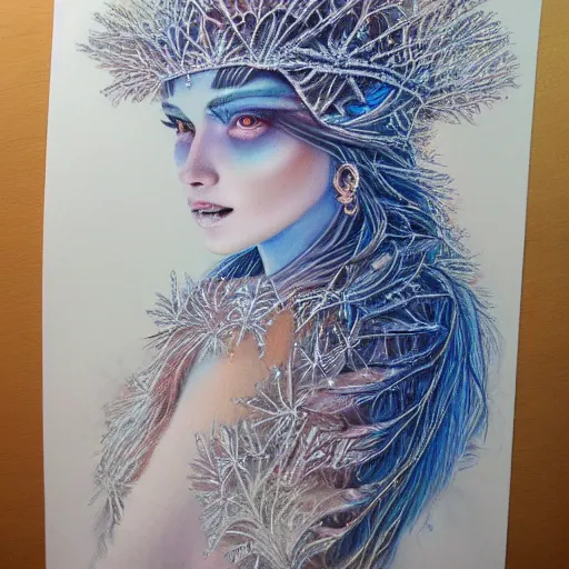 Image similar to colored pencil art on paper, frost queen, highly detailed, artstation, masterpiece, award - winning, caran d'ache luminance