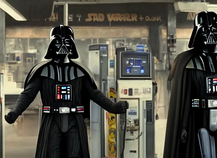 Prompt: film still of Darth Vader works at a gas station in the new Star Wars movie, 4k