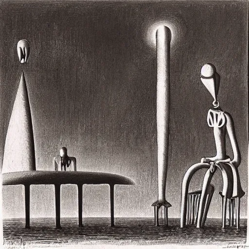 Prompt: Two extremely tall mechanical beings in a deep conversation. Temple of the new gods. Dali. Yves Tanguy.