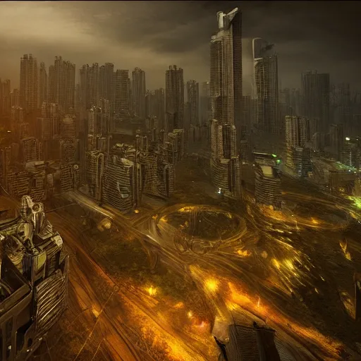 Image similar to mumbai in the year 2 0 7 0, epic, dramatic lighting from above, dark, vines, fantasy, dust, unreal engine, octane, highly detailed, concept art, dark, super realistic,