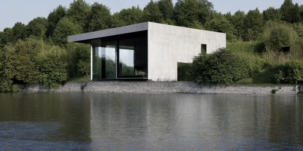 Image similar to a house by the river rhein close to mumpf designed by peter zumthor, beautiful ambient light, silver hour