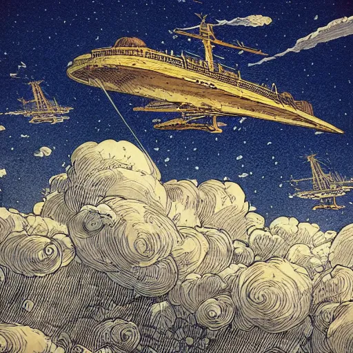 Image similar to Sky ship from the Edge Chronicles flying over the English countryside. Illustration by Chris Riddell