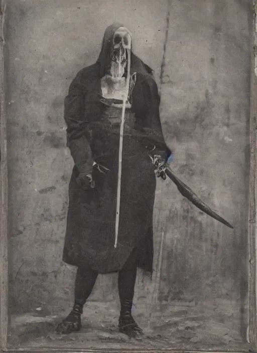 Prompt: photographic image of death dressed in black and with a scythe