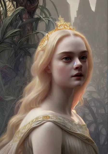 Image similar to sansa elle fanning, intricate, elegant, highly detailed, digital painting, artstation, concept art, smooth, sharp focus, illustration, art by artgerm and greg rutkowski and alphonse mucha and william - adolphe bouguereau