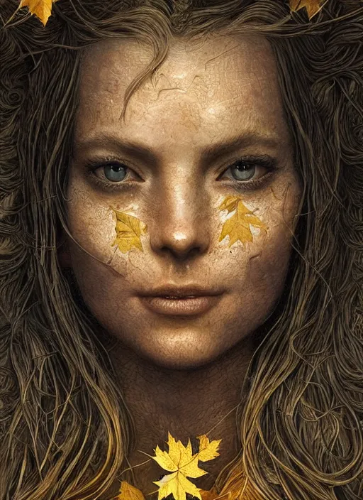 Image similar to golden leaves at frame border, creative!!! composition for a book cover!!!, absurdly beautiful, ultrafine hyperrealistic detailed old witch face by wlop and artgerm and greg rutkowski, intricate linework, sharp focus, smooth, octopath traveler, final fantasy, unreal engine, dramatic lighting, ethereal, 8 k