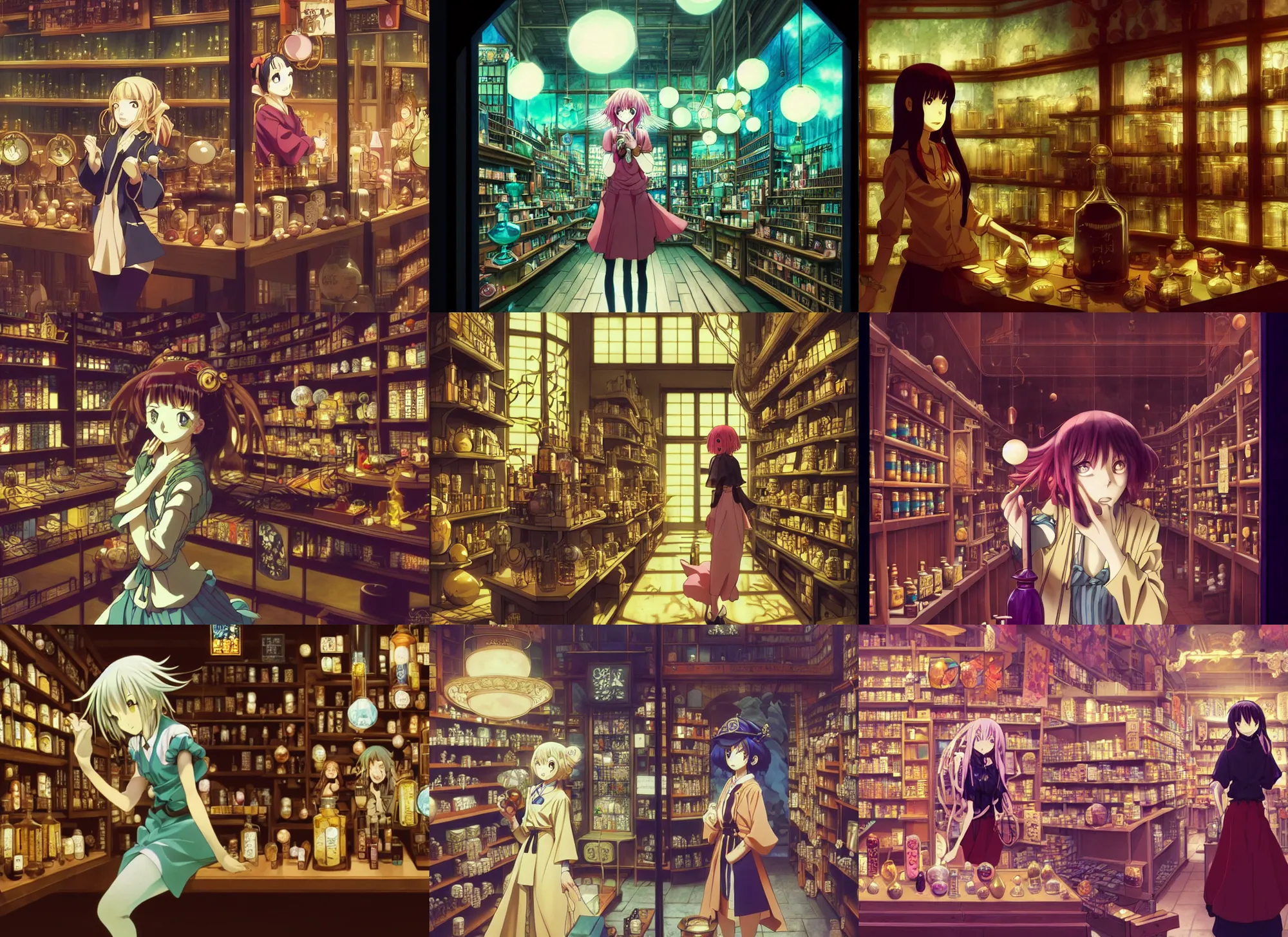 Prompt: lomography, anime, portrait of a young woman in a alchemist's potion shop interior shopping, glowing, haruhiko mikimoto, hisashi eguchi, katsuhiro otomo, dynamic pose and perspective, dramatic lighting, detailed facial features, yoshinari yoh