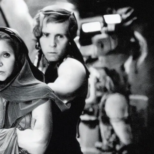 Prompt: Carrie Fisher on the set of RETURN OF THE JEDI realistic photo