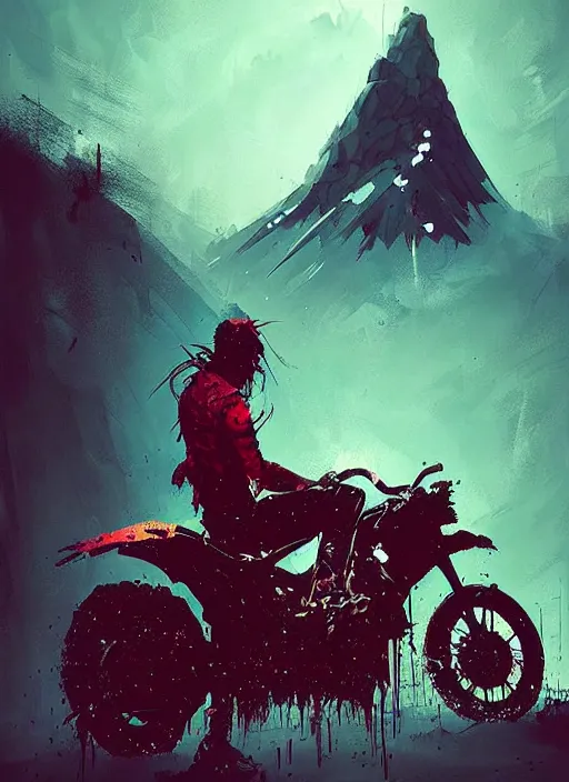 Prompt: horror art, motorbiker from hell, red volcano peaks in the background, art by ismail inceoglu