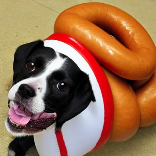 Prompt: a dog made from hot dogs