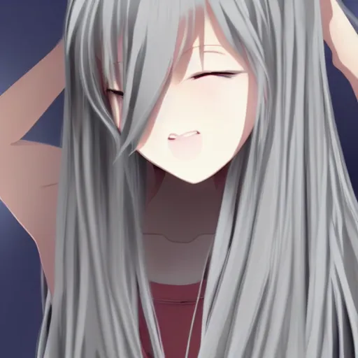 Image similar to young woman with long wavy ashen silver hair, with blackness instead of eyes, anime