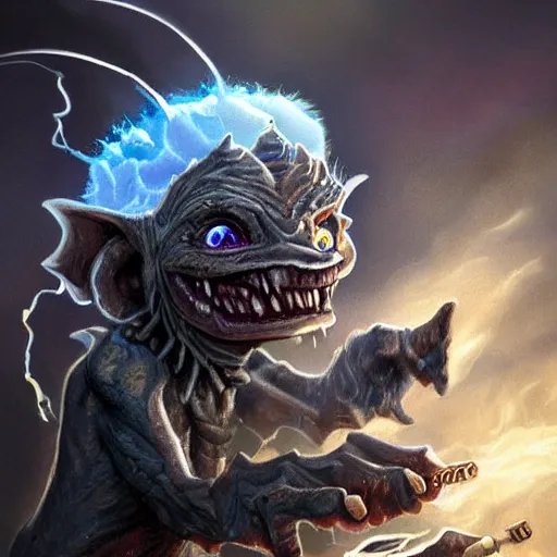 Prompt: a highly detailed goblin with grey skin and blue eyes that glow, caught in a tornado, like magic the gathering, goblin chainwalker,, digital art, by christopher rush