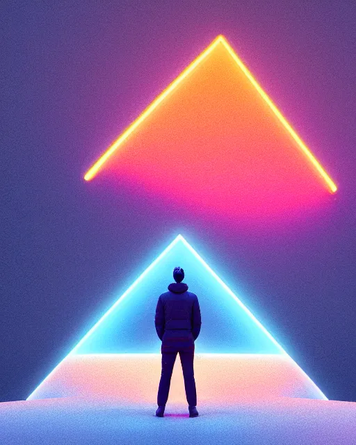 Image similar to a man standing in the middle of a mountain with a glowy neon triangle, a render by filip hodas, behance contest winner, environmental art, rendered in cinema 4 d, volumetric lighting