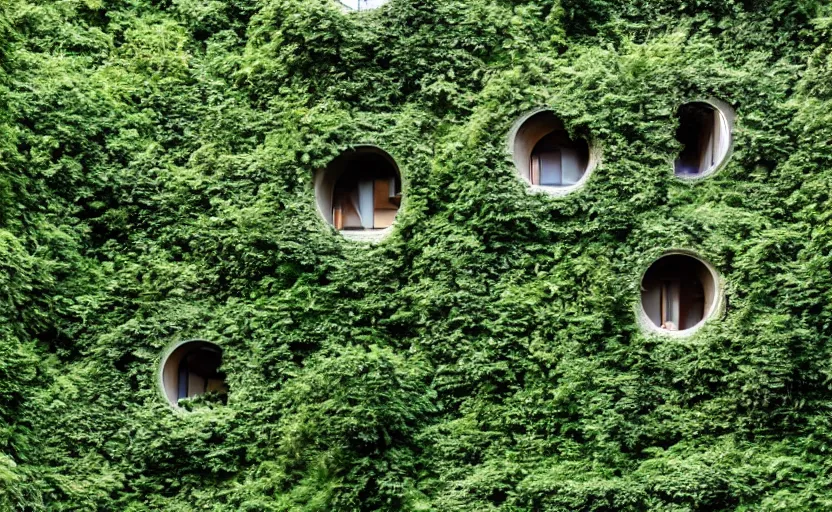 Prompt: a futuristic and overgrown brutalist building in the dolomites overgrown with ivy