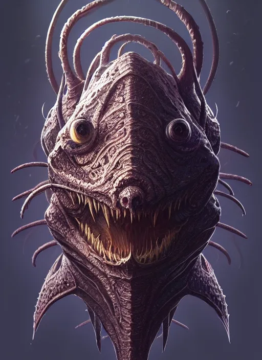 Image similar to anthropomorphic 2 4 - cell head in edgy darkiron anglerfish, intricate, elegant, highly detailed animal monster, digital painting, artstation, concept art, smooth, sharp focus, illustration, art by artgerm, wayne barlowe, trending on artstation and greg rutkowski and alphonse mucha, 8 k