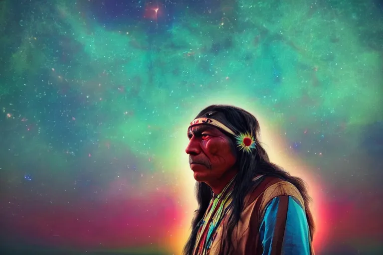 Image similar to photograph of a spiritual native american man looking up at the stars, art, universe, blender, pastel colors, synthwave, retro, cyberpunk,