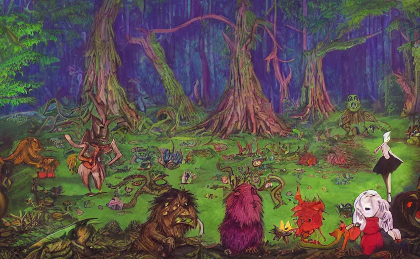 Image similar to a scene of colorful cartoon monsters in the clearing of a dark fantasy forest surrounded by darkness. hyperrealist illustration. muted colors. 1 9 7 0's pulp science fiction and fantasy cartoon for alice in wonderland and wizard of oz. richly colored painting by don ivan punchatz.