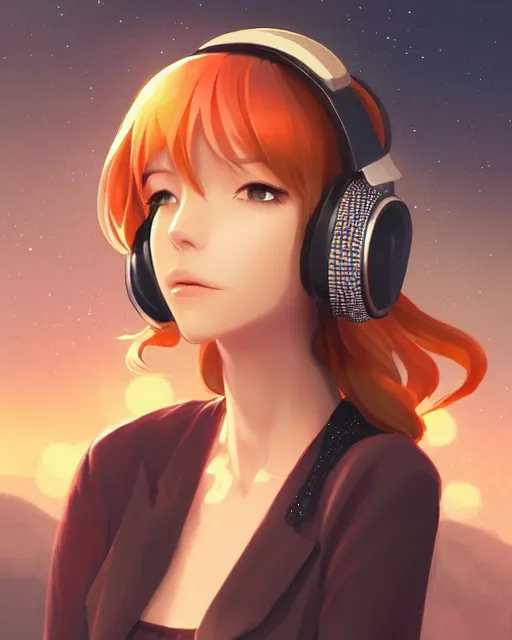 Prompt: Portrait of an elegant woman with headphones in a warm glowing scenery, sunset, fantasy, anime, intricate sparkling atmosphere, artstation, hosada, studio ghibli, artgerm