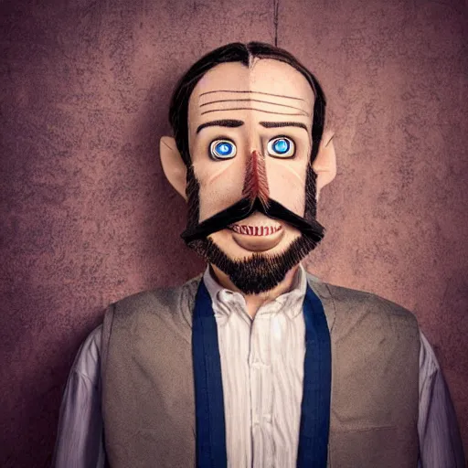 Image similar to realistic pinocchio with a beard, award winning photography