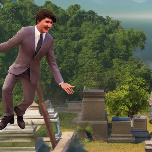Prompt: Justin Trudeau and a monkey surfing, grave sites in the background, 4K resolution, unreal engine render