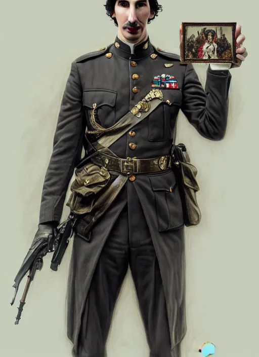 Prompt: a portrait of john oliver holding a portrait of adam driver, military uniform, fantasy, intricate, elegant, beautiful, highly detailed, charcoal, centered, dark, smokey, digital painting, artstation, concept art, smooth, sharp focus, illustration, art by artgerm and greg rutkowski and alphonse mucha