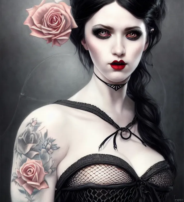 Image similar to two beautiful pale skin white eyed cosplay girls, black hair, fully tattooed body, fishnet corset with choker and whip on hand, symmetrical, beautiful detailed face, masterpiece, artstation contest winner, trending artgerm, paint by tom bagshaw