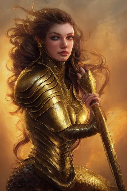 Prompt: mermaid with golden armor, d & d, fantasy, portrait, highly detailed, headshot, digital painting, trending on artstation, concept art, sharp focus, illustration, art by artgerm and greg rutkowski and magali villeneuve