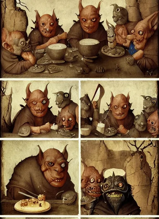 Prompt: medieval goblin eating cakes painted by hieronymus bosch, detailed digital art, trending on Artstation