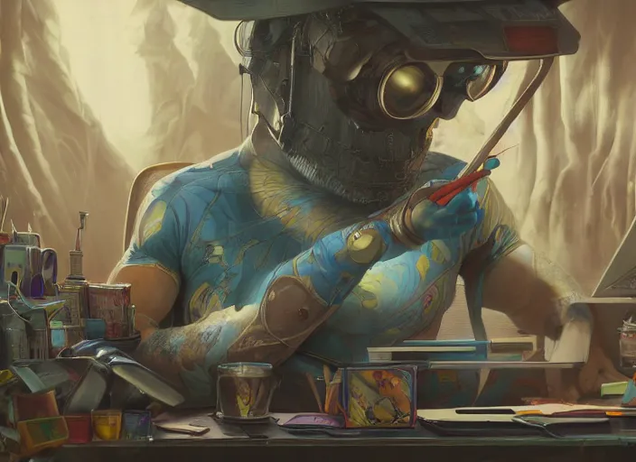 Image similar to an insanely detailed painting of an asian man wearing a homemade superhero costume, sitting at a desk, staring seriously at the computer and typing, in the style of peter mohrbacher, james jean, rutkowski, dramatic lighting and composition, surreal background, octane render, pixar, trending on artstation, concept art, comic book, view from behind, 8 k