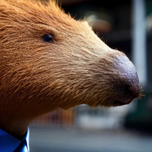 Image similar to smoking cigar, a man wearing a suit capybara head (smoking cigar)