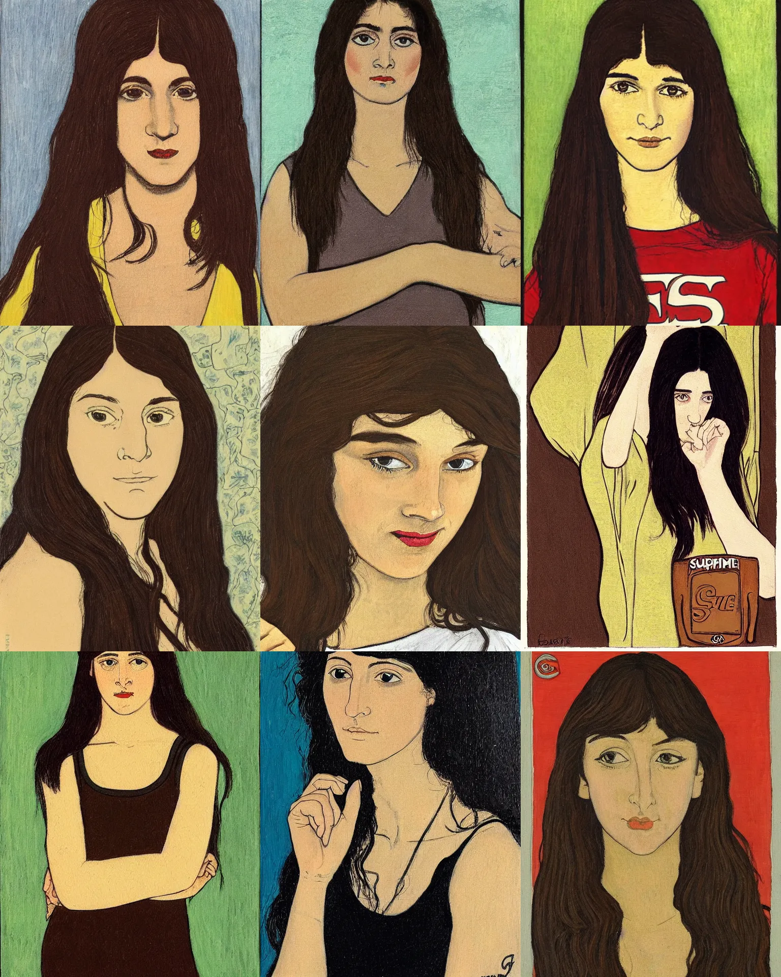 Prompt: a painting of a woman by eugene grasset. she has long straight dark brown hair, parted in the middle. she has large dark brown eyes, a small refined nose, and thin lips. she is wearing a t - shirt with the supreme brand logo lettering on it, a sleeveless white blouse, a pair of dark brown capris, and black loafers.